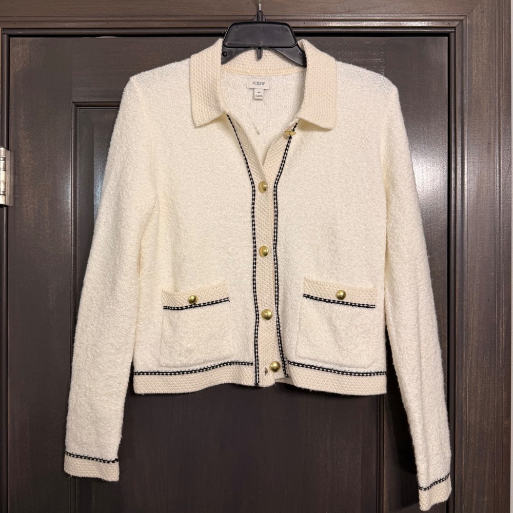 J.Crew Ivory Wool Blend Boucle Lady Jacket Cardigan Gold Buttons XS